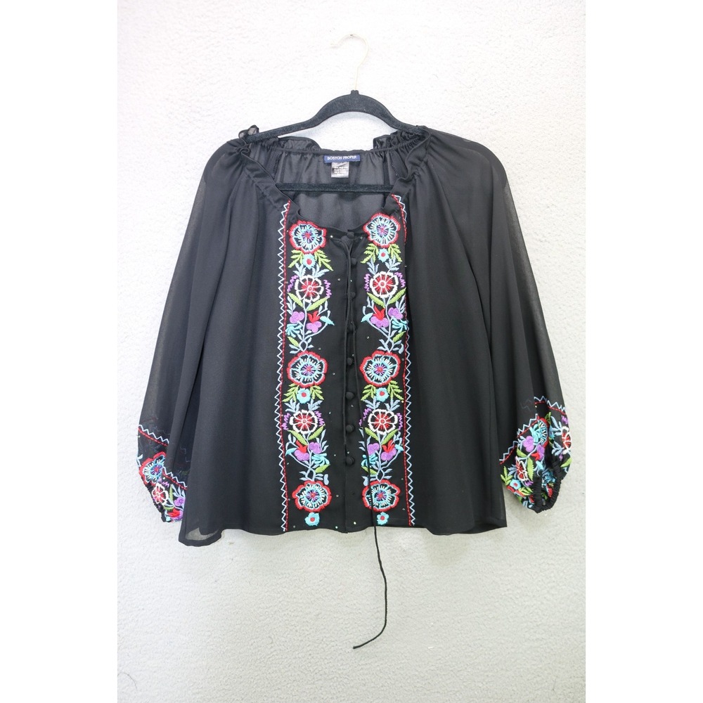 Boston Proper 3/4 Sheer Balloon Sleeve Embroidered Beaded Top-S-Whimsigoth-BOHO